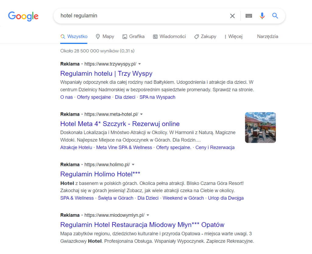 Nietrafne wyniki wyszukiwania Google dla hotelu