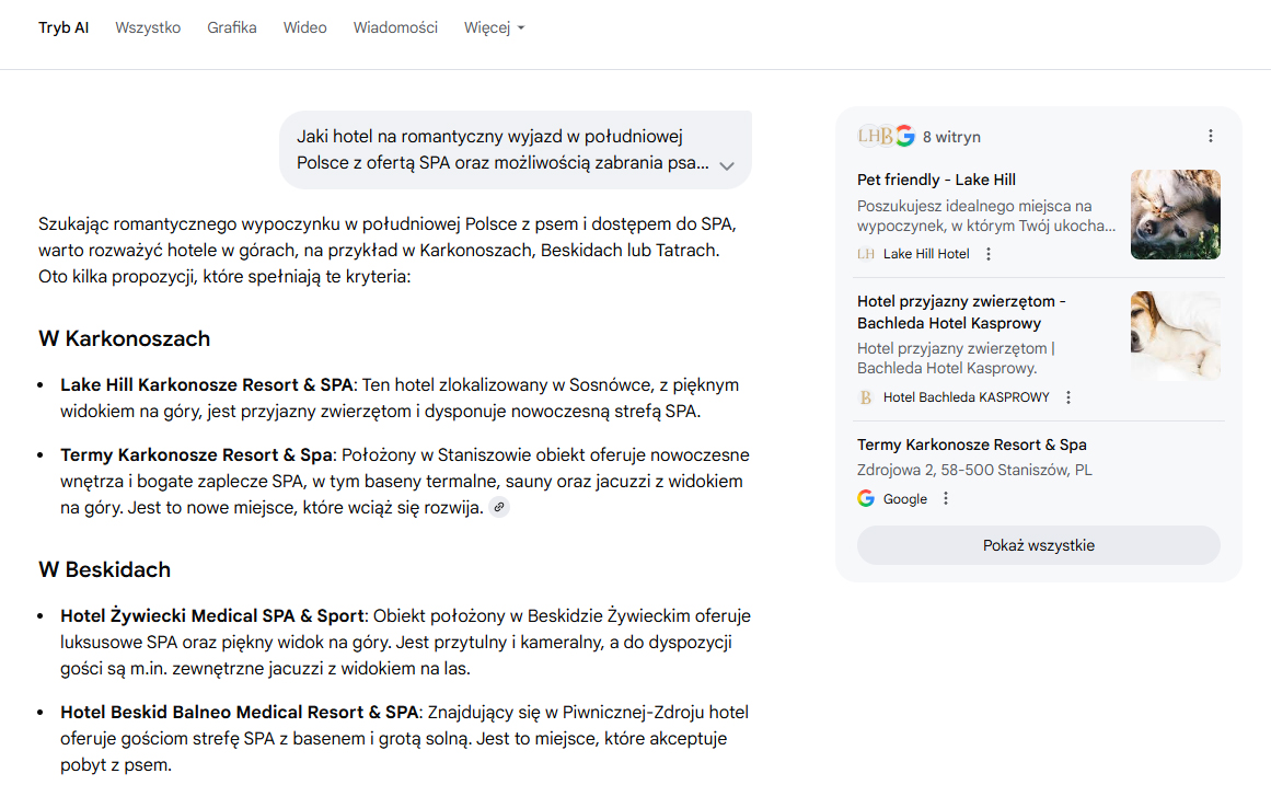 Wyniki wyszukiwania tryb AI Google